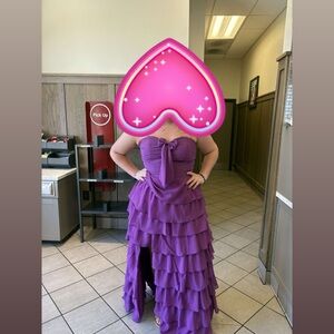 Purple prom dress , strapless , slit , corset back